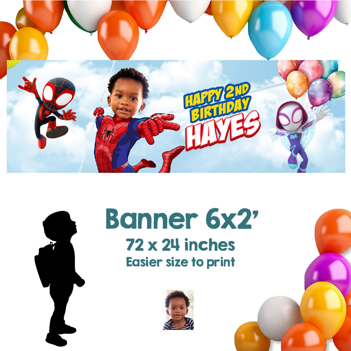 Custom Spidey and Friends birthday party banner with your kid as Spidey (6x2', Horizontal). 740BBH