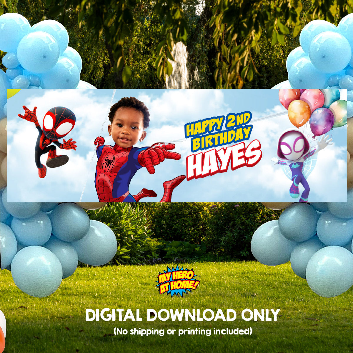 Custom Spidey and Friends birthday party banner with your kid as Spidey (6x2', Horizontal). 740BBH