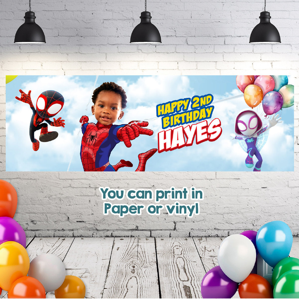 Custom Spidey and Friends birthday party banner with your kid as Spidey (6x2', Horizontal). 740BBH