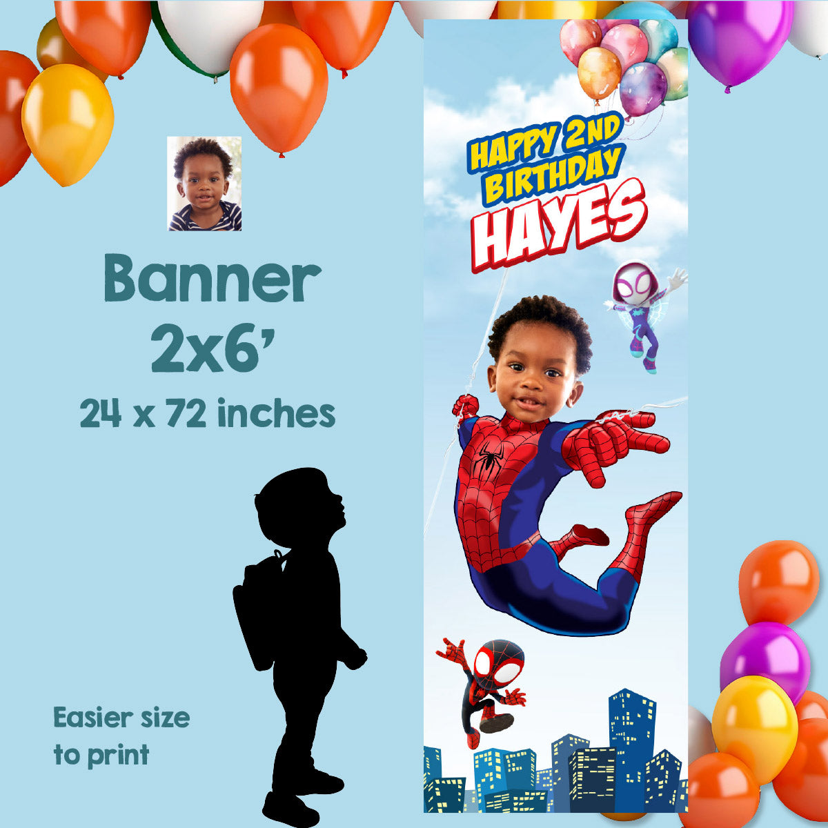 Spidey and Friends vertical party banner with birthday kid as star (2x6', Portrait, Rollup banner). 740BBV
