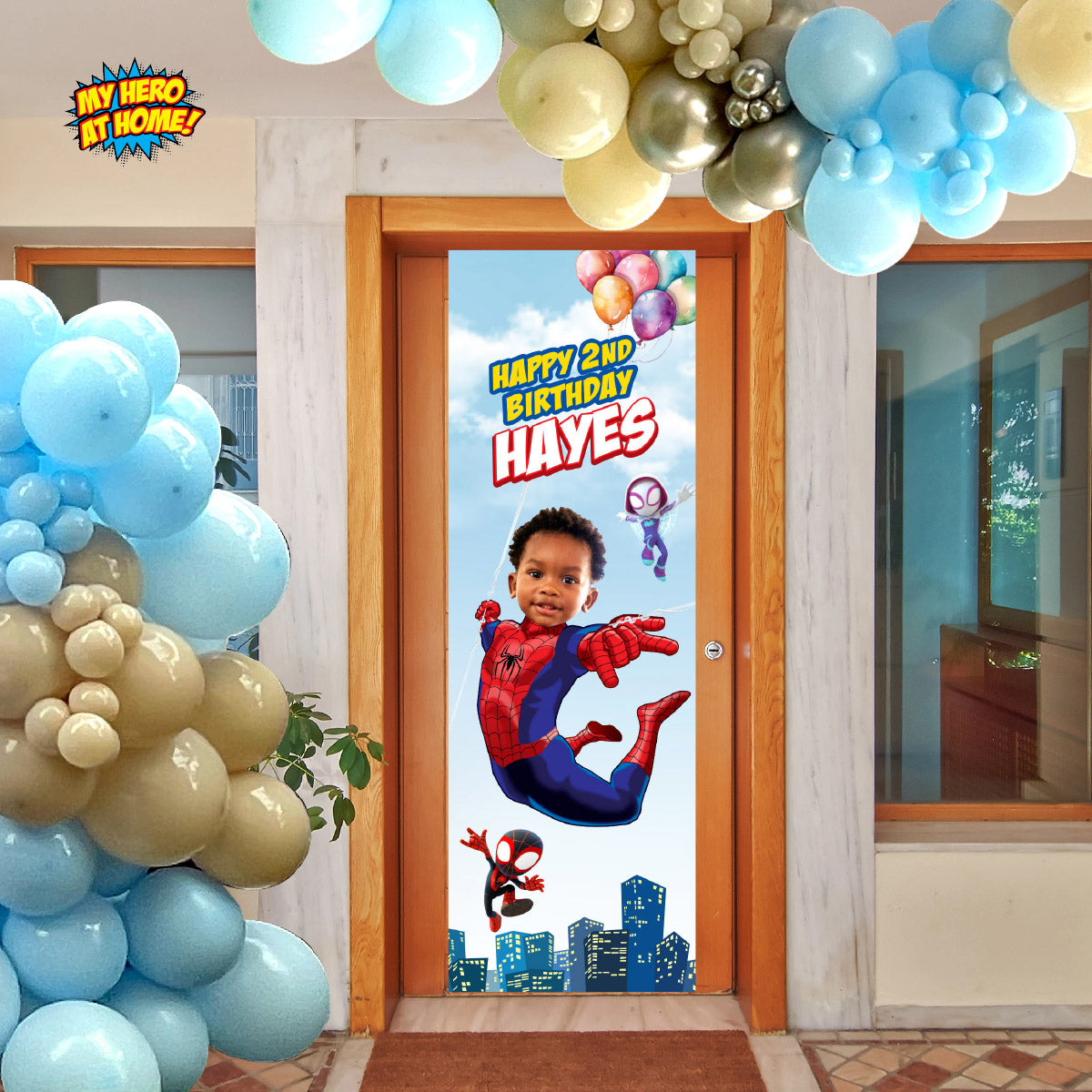 Spidey and Friends vertical party banner with birthday kid as star (2x6', Portrait, Rollup banner). 740BBV