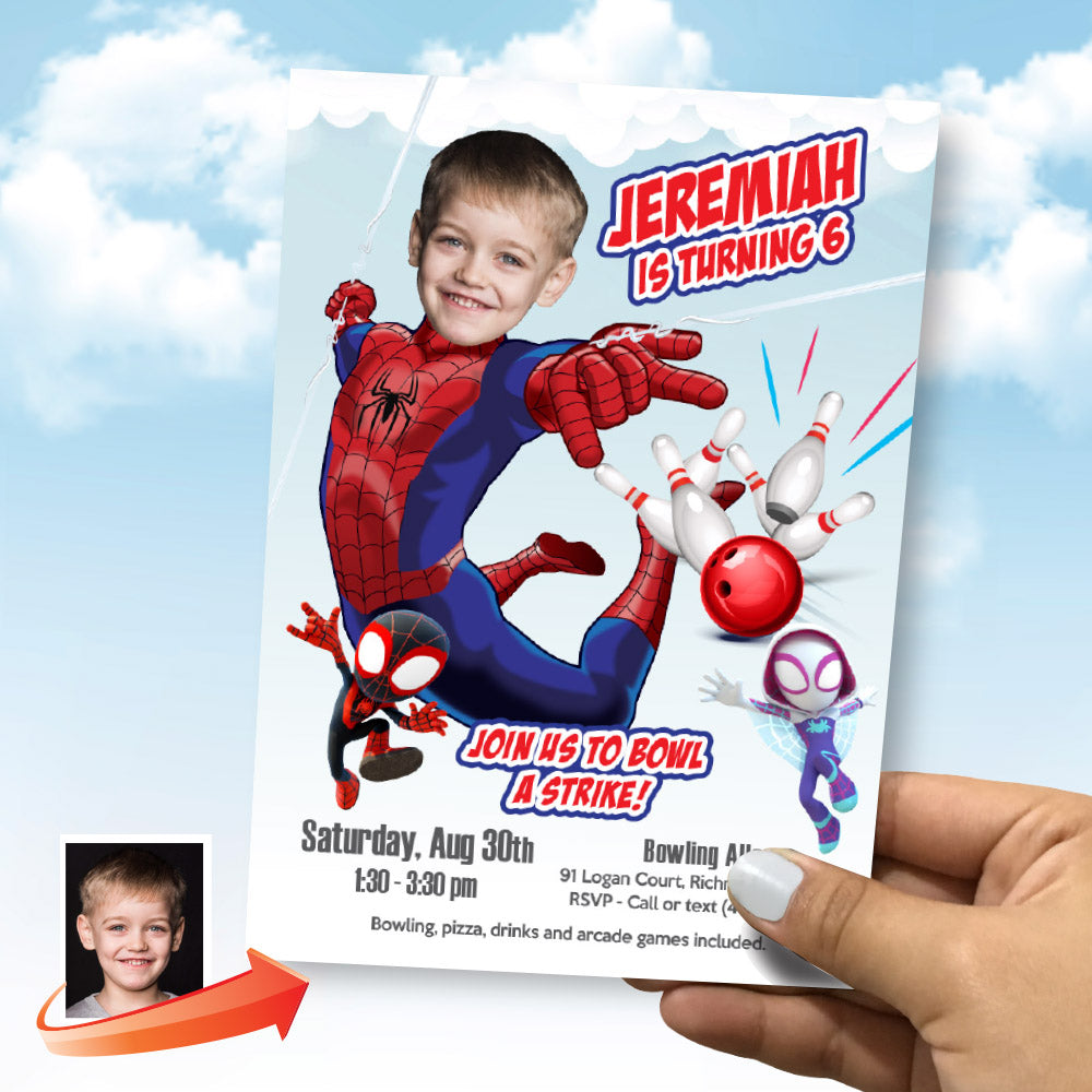 Spidey Bowling birthday invitation with child as the star, Spiderman Strike Party template. 740BWIN