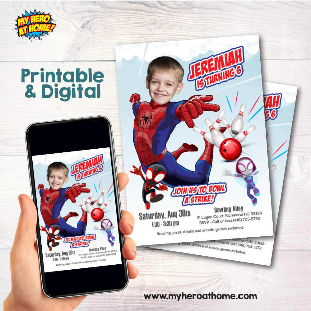 Spidey Bowling birthday invitation with child as the star, Spiderman Strike Party template. 740BWIN