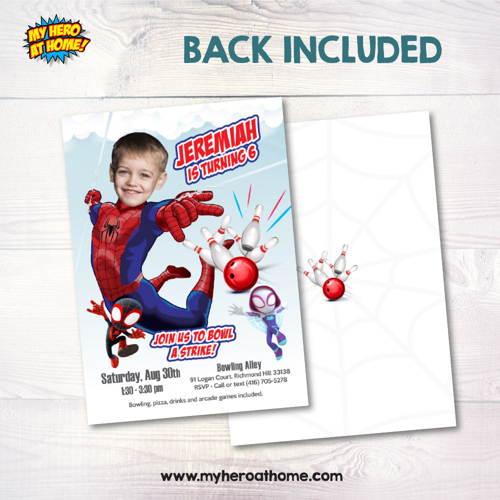 Spidey Bowling birthday invitation with child as the star, Spiderman Strike Party template. 740BWIN