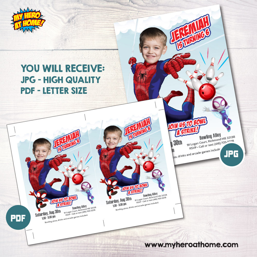 Spidey Bowling birthday invitation with child as the star, Spiderman Strike Party template. 740BWIN