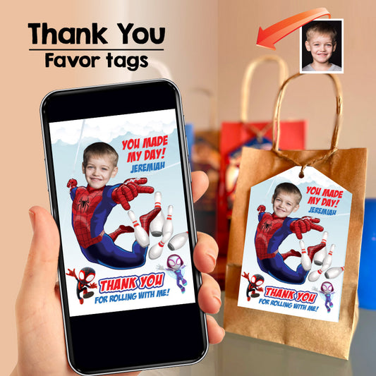 Spidey bowling thank you with kid as the star, Bowling Spidey favors tags. 740BWTY