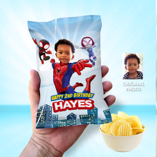 Custom Spidey Chip Bags labels with photo, Spidey party decor, Spiderman potato chips wrappers. 740CB