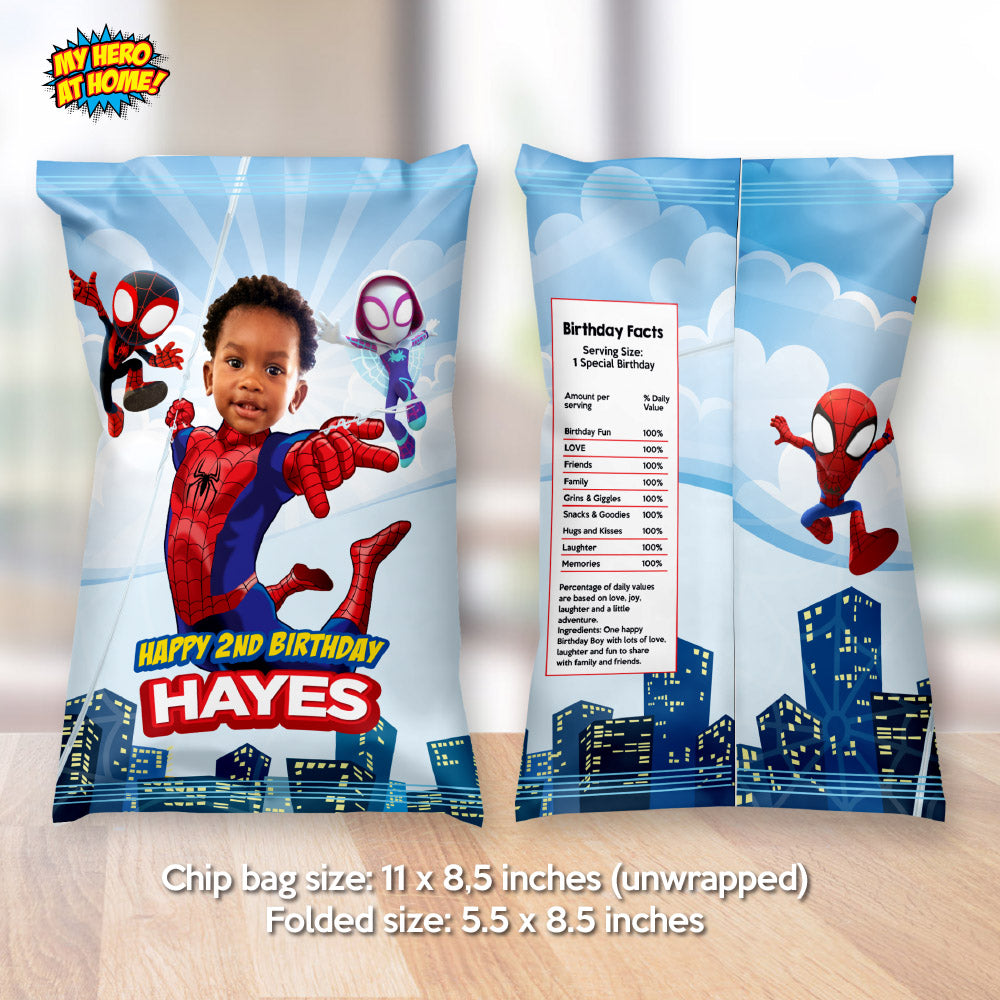 Custom Spidey Chip Bags labels with photo, Spidey party decor, Spiderman potato chips wrappers. 740CB