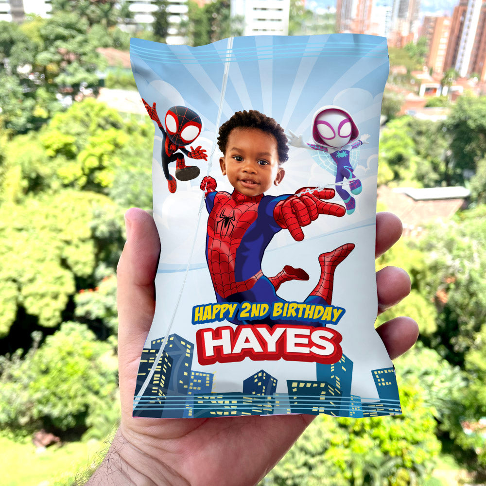 Custom Spidey Chip Bags labels with photo, Spidey party decor, Spiderman potato chips wrappers. 740CB