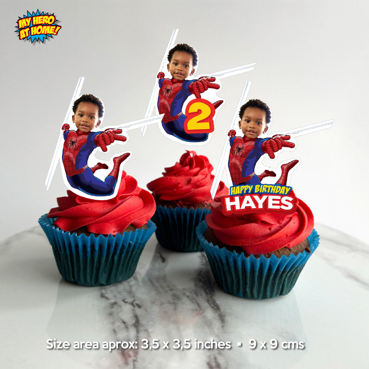 Spidey Birthday Matching Cake and Cupcake Toppers Bundle with Kid as Spiderman. 740B5