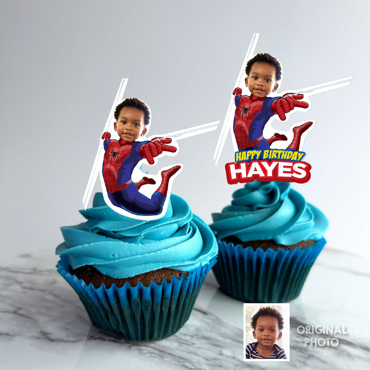 Personalized Spidey Cupcake Toppers with kid as Spiderman, Just Print, Cut & Assemble. 740CK