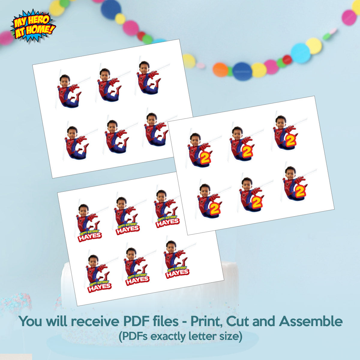 Spidey Birthday Matching Cake and Cupcake Toppers Bundle with Kid as Spiderman. 740B5