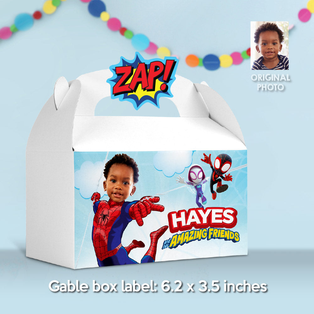 Personalized Spidey Candy Box label with photo, Spiderman Gable Box party favors. 740GB