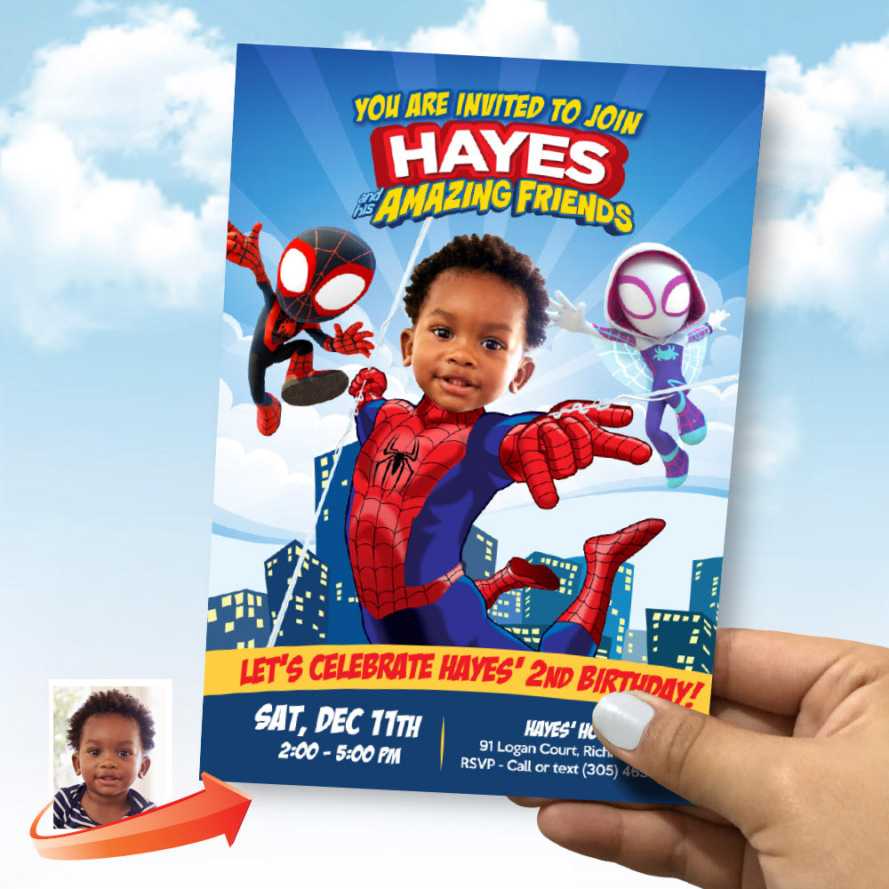 Custom Spidey and his friends party Invitation featuring birthday boy as Spiderman. 740IN