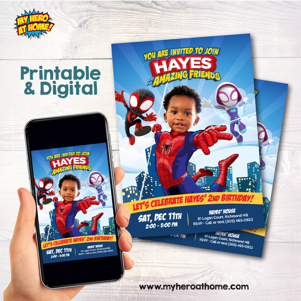 Custom Spidey and his friends party Invitation featuring birthday boy as Spiderman. 740IN