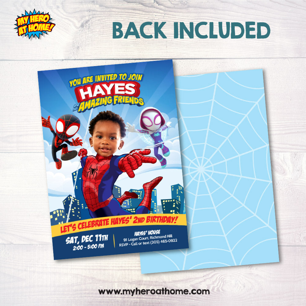 Custom Spidey and his friends party Invitation featuring birthday boy as Spiderman. 740IN
