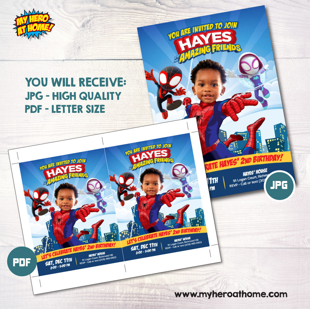 Custom Spidey and his friends party Invitation featuring birthday boy as Spiderman. 740IN