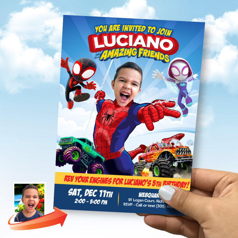 Spiderman and Monster Trucks birthday Invitation with child as Spidey (Mixed-themed birthday party). 740MO