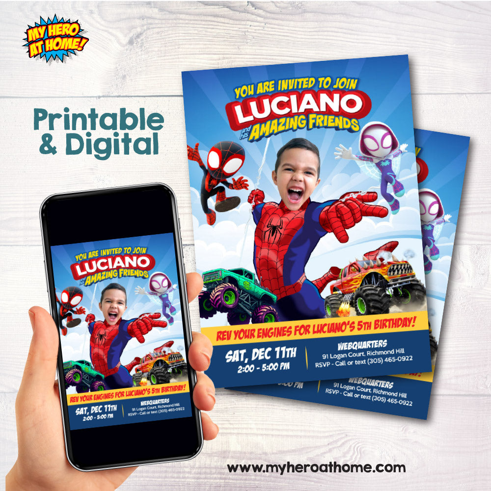 Spiderman and Monster Trucks birthday Invitation with child as Spidey (Mixed-themed birthday party). 740MO