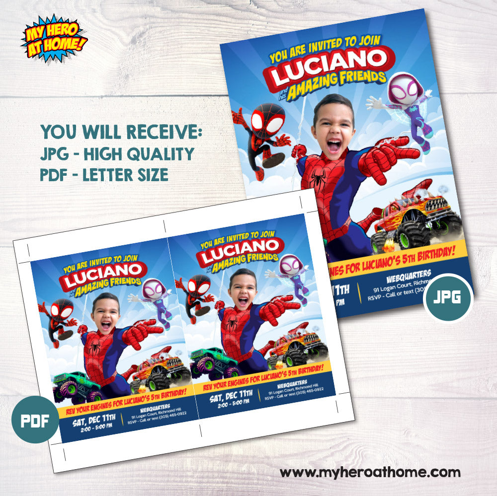 Spiderman and Monster Trucks birthday Invitation with child as Spidey (Mixed-themed birthday party). 740MO