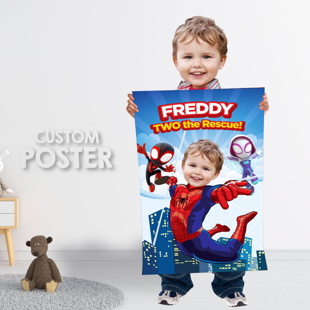 Custom Spiderman Two the rescue Poster with photo, Personalized Spidey print gift. 740PG2