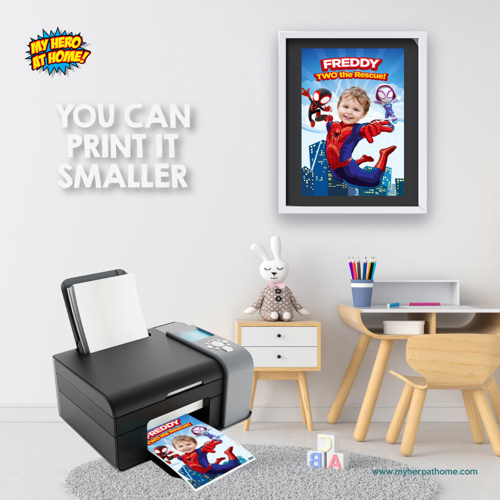 Custom Spiderman Two the rescue Poster with photo, Personalized Spidey print gift. 740PG2