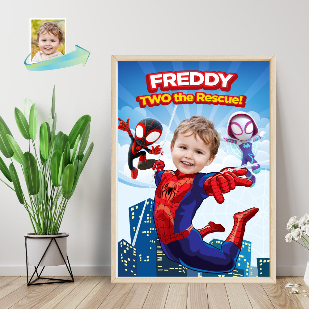 Custom Spiderman Two the rescue Poster with photo, Personalized Spidey print gift. 740PG2