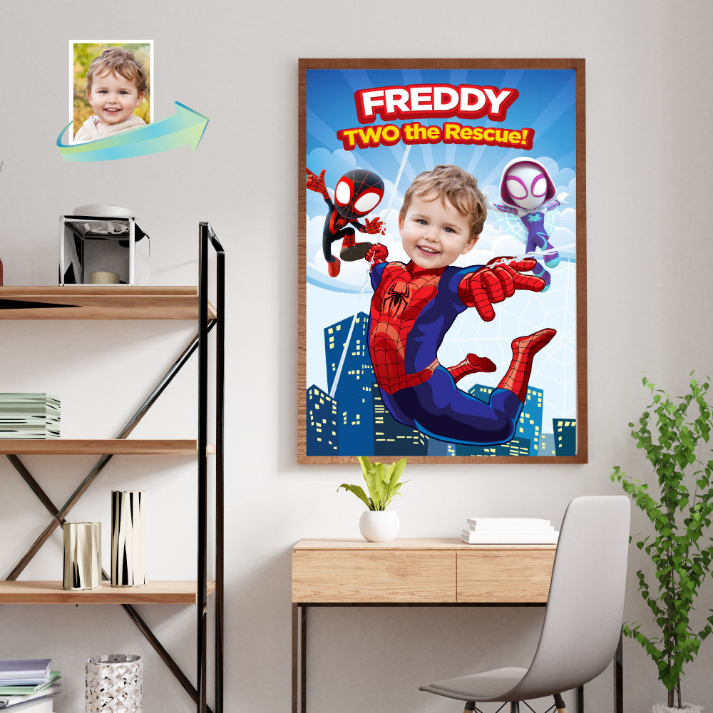 Custom Spiderman Two the rescue Poster with photo, Personalized Spidey print gift. 740PG2