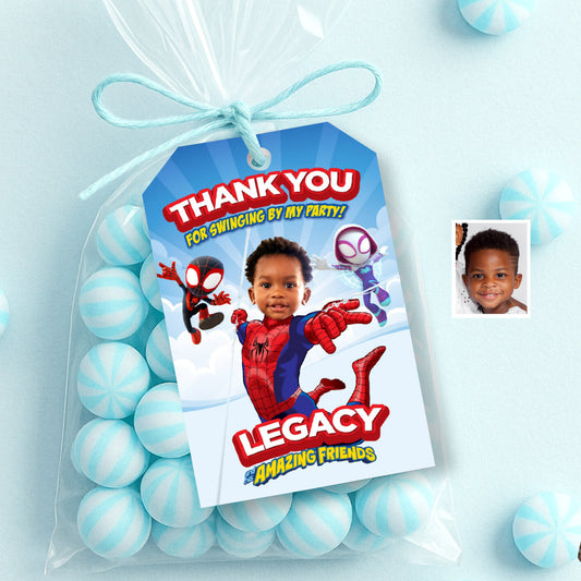 Custom Spidey and his Amazing Friends Thank You and Favor Tags with kid as the star. 740TY2