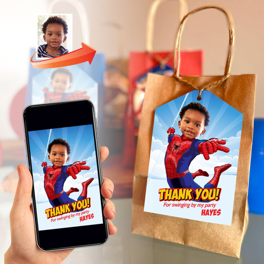 Spidey Thank You with your kid as the star, Spidey Favor Tags with photo. 740TY