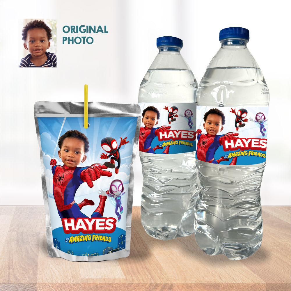 Personalized Spidey water wrappers with kid as the star, Spidey juice drinks labels. 740WJ