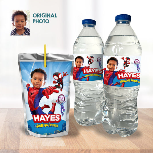 Personalized Spidey water wrappers with kid as the star, Spidey juice drinks labels. 740WJ