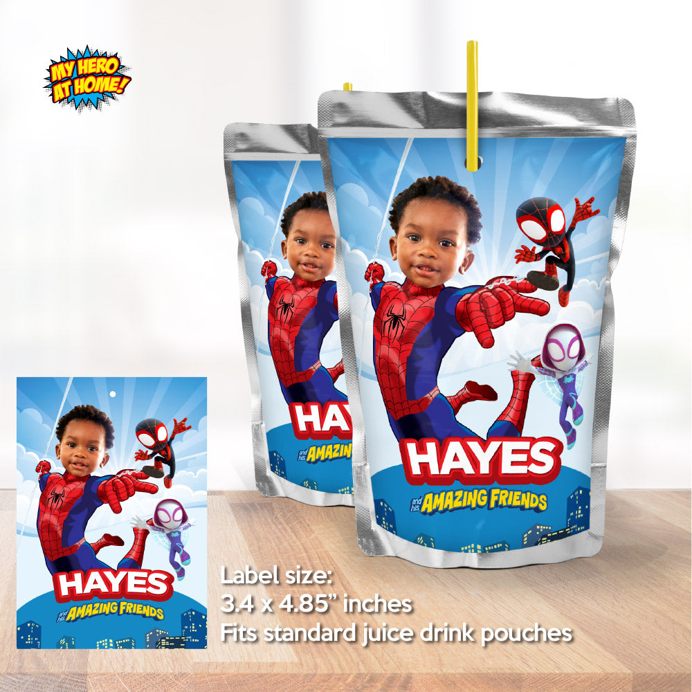 Personalized Spidey water wrappers with kid as the star, Spidey juice drinks labels. 740WJ