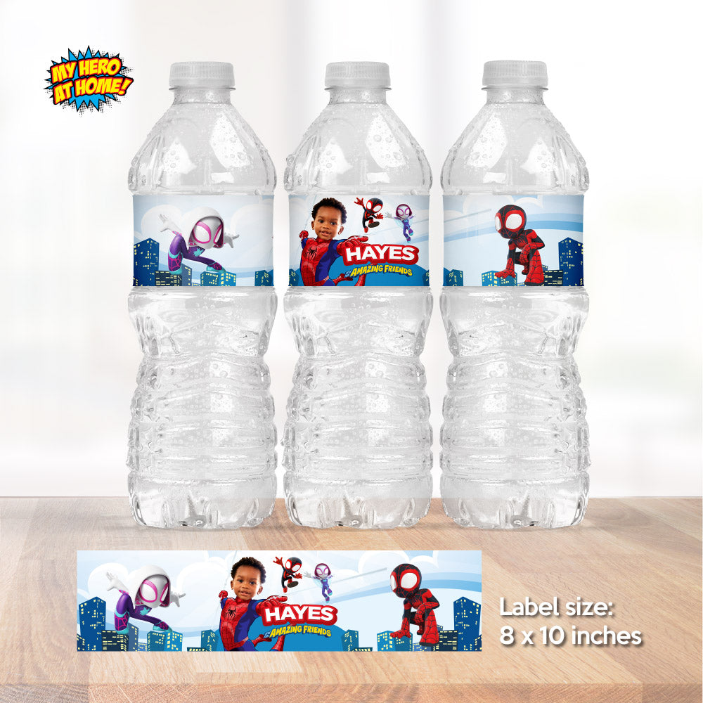 Personalized Spidey water wrappers with kid as the star, Spidey juice drinks labels. 740WJ