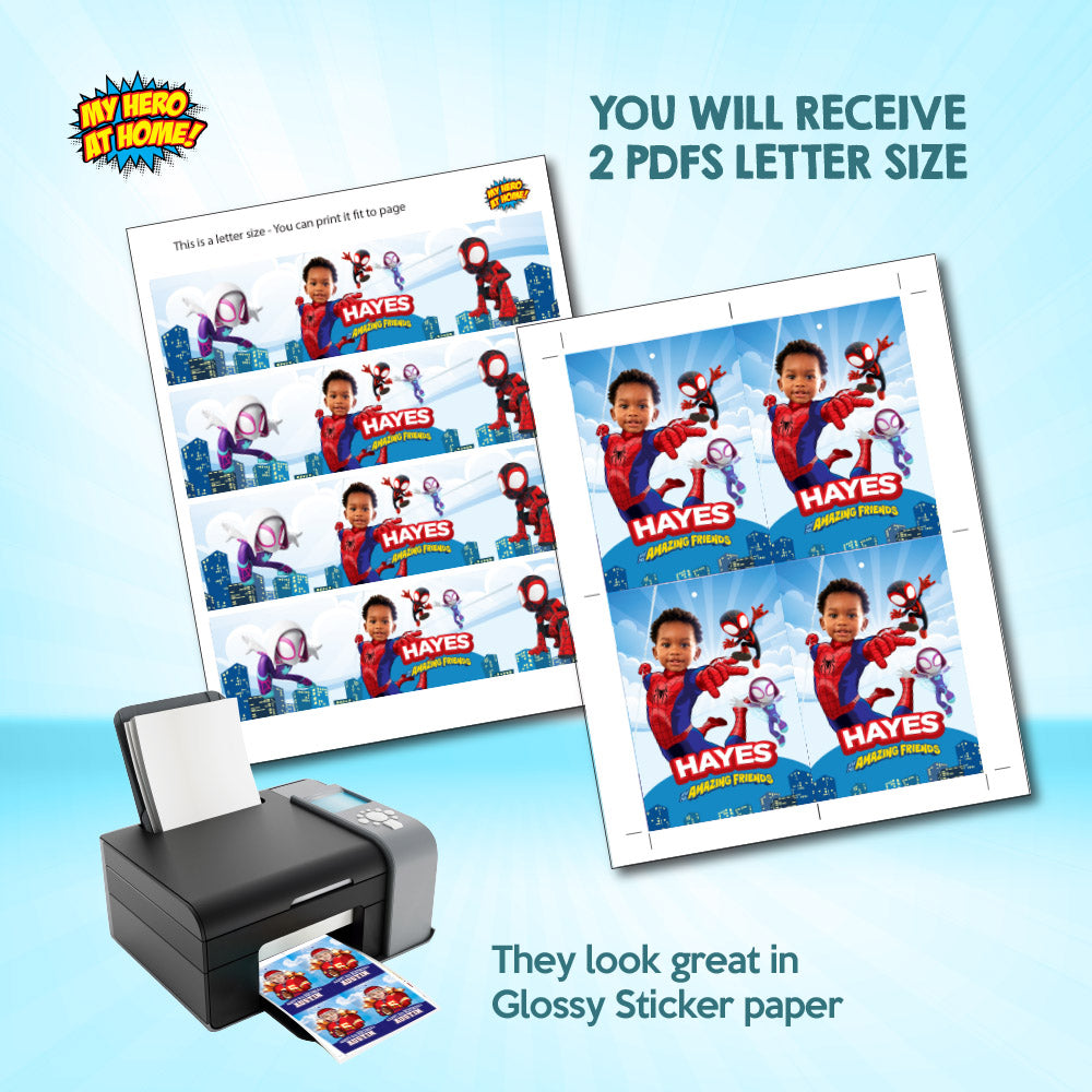 Personalized Spidey water wrappers with kid as the star, Spidey juice drinks labels. 740WJ