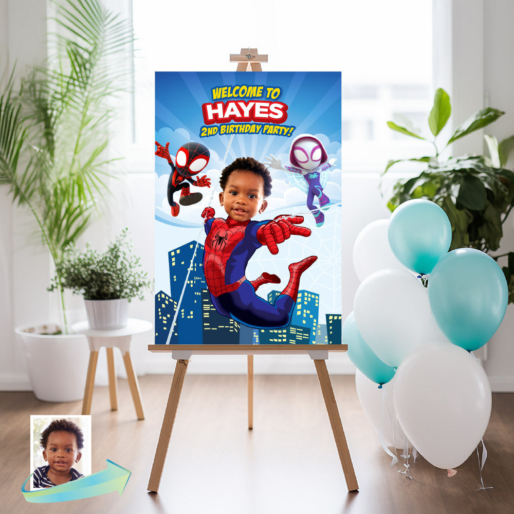 Custom Spidey Birthday Welcome Sign with photo, Personalized Spiderman Party Decor. 740WS