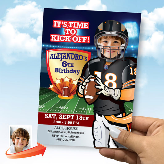 Personalized Football Bears Party Invitation with Birthday Kid as Favorite Player. 746IN