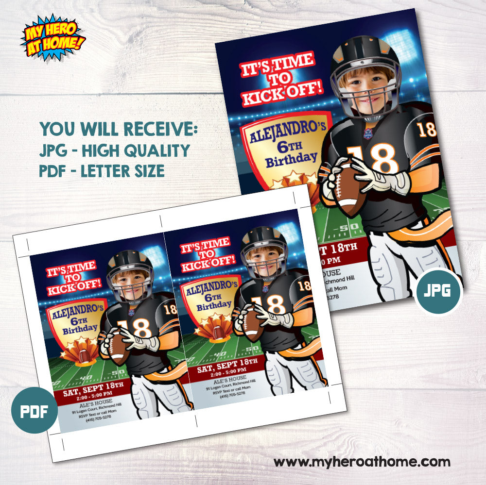 Personalized Football Bears Party Invitation with Birthday Kid as Favorite Player. 746IN
