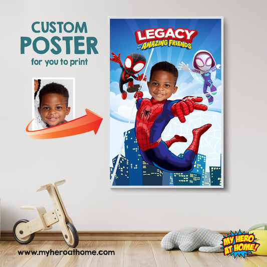 Custom Spidey and friends Poster with kid as the star, Spiderman printable gift. 740PG