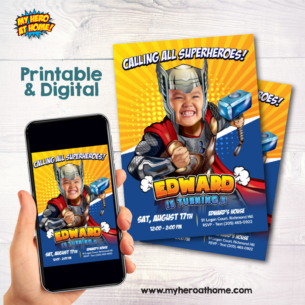 Thor Birthday party Invitation with your kid as his favorite avenger, Mighty Thor template. 806C