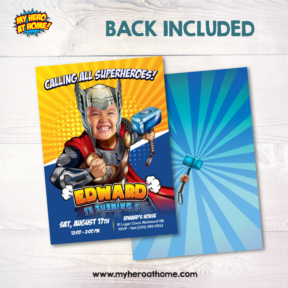 Thor Birthday party Invitation with your kid as his favorite avenger, Mighty Thor template. 806C