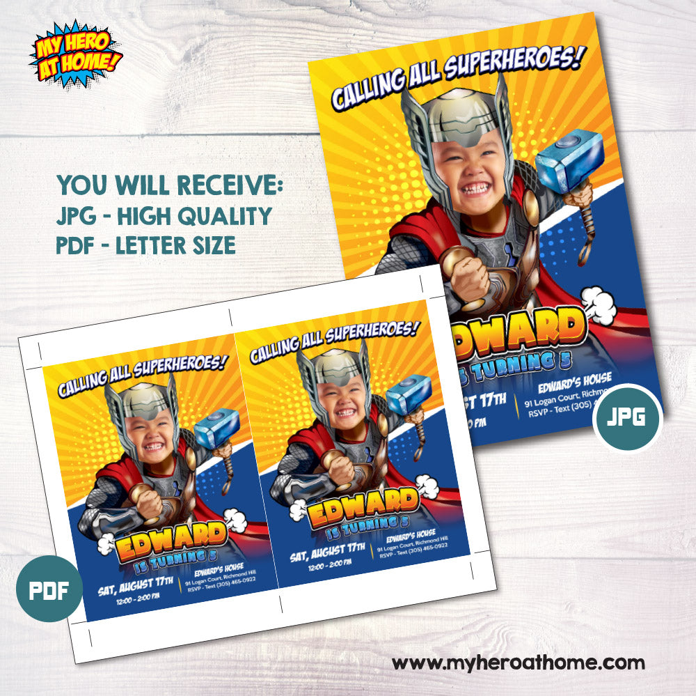 Thor Birthday party Invitation with your kid as his favorite avenger, Mighty Thor template. 806C