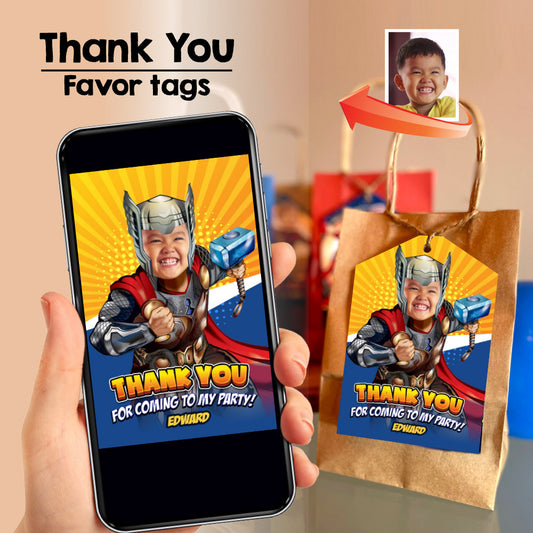 Custom Thor thank you and tags with kid as his favorite Avenger (Printable 3 sizes). 806TY