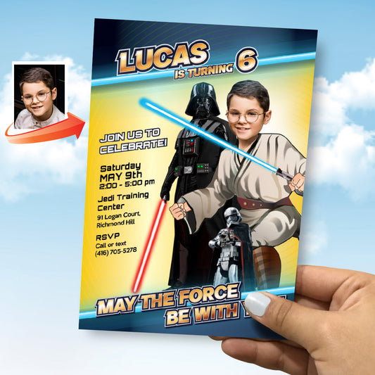 Custom May the Force party invitation with birthday kid as a Jedi. 827IN