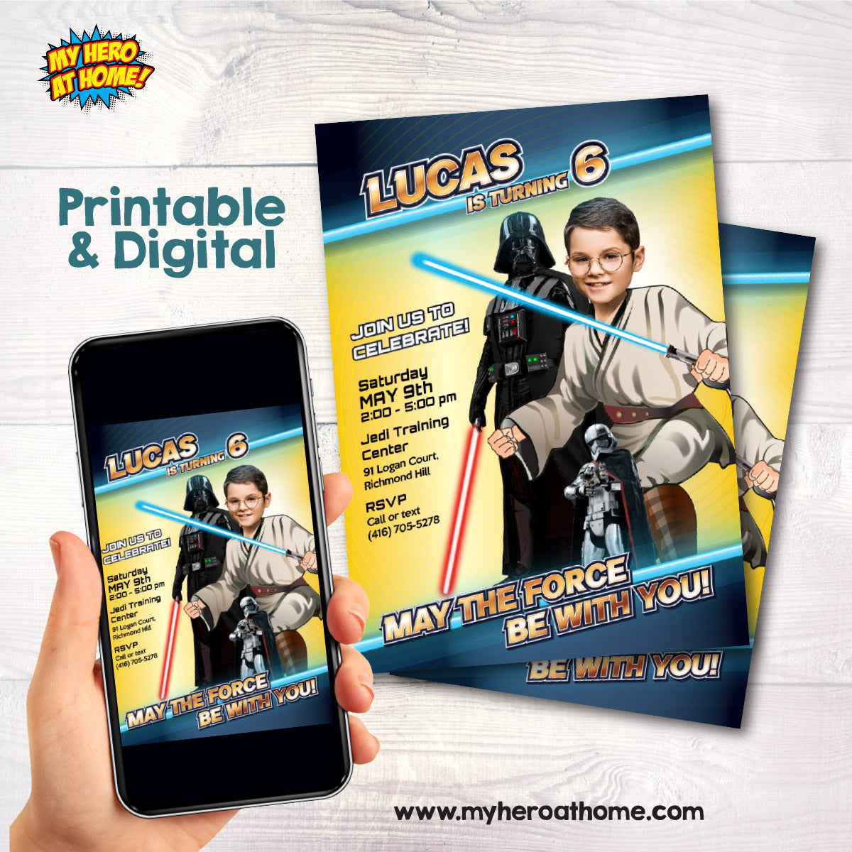 Custom May the Force party invitation with birthday kid as a Jedi. 827IN