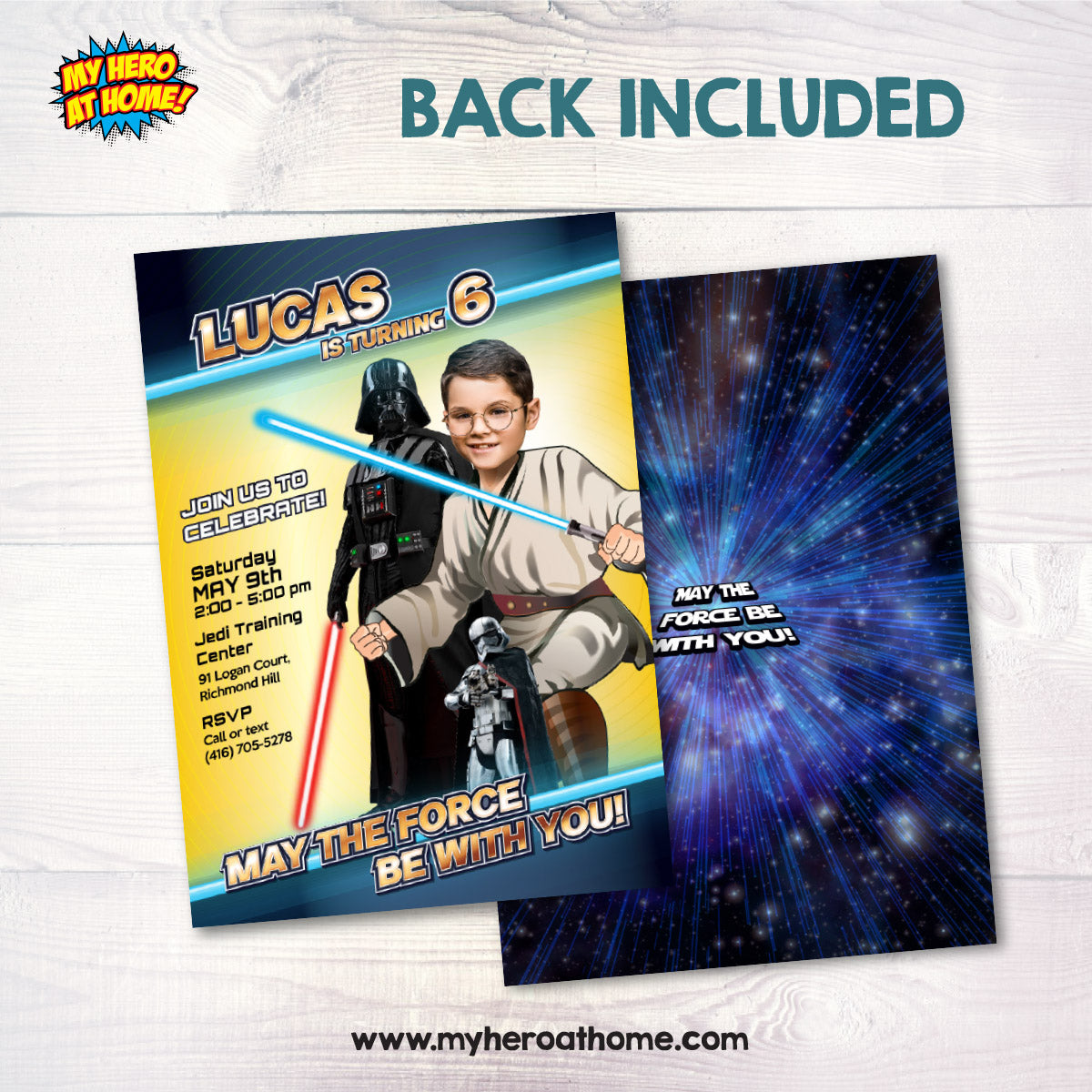 Custom May the Force party invitation with birthday kid as a Jedi. 827IN