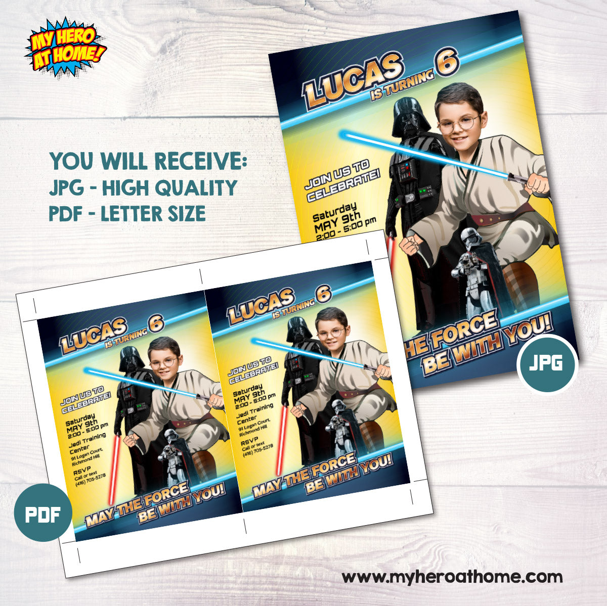 Custom May the Force party invitation with birthday kid as a Jedi. 827IN