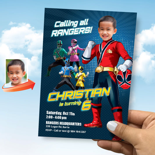 Custom Red Power Ranger Party Invitation with Birthday child as the Red Ranger. 837IN