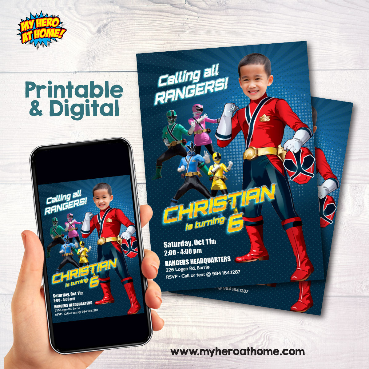Custom Red Power Ranger Party Invitation with Birthday child as the Red Ranger. 837IN