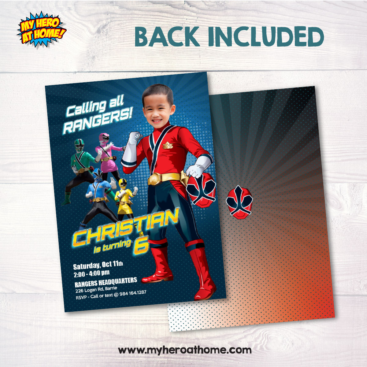 Custom Red Power Ranger Party Invitation with Birthday child as the Red Ranger. 837IN